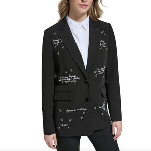 KARL LAGERFELD PARIS Women's Script-Print Notch-Lapel Black/White Blazer Size: 2